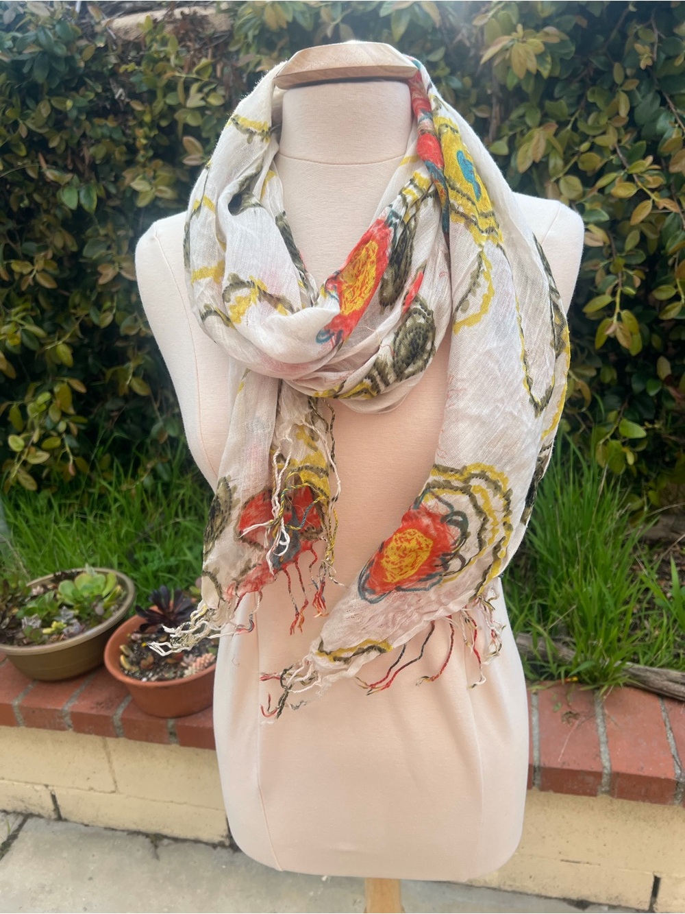 Light Floral Print Scarf in White with Red & Yellow Accents